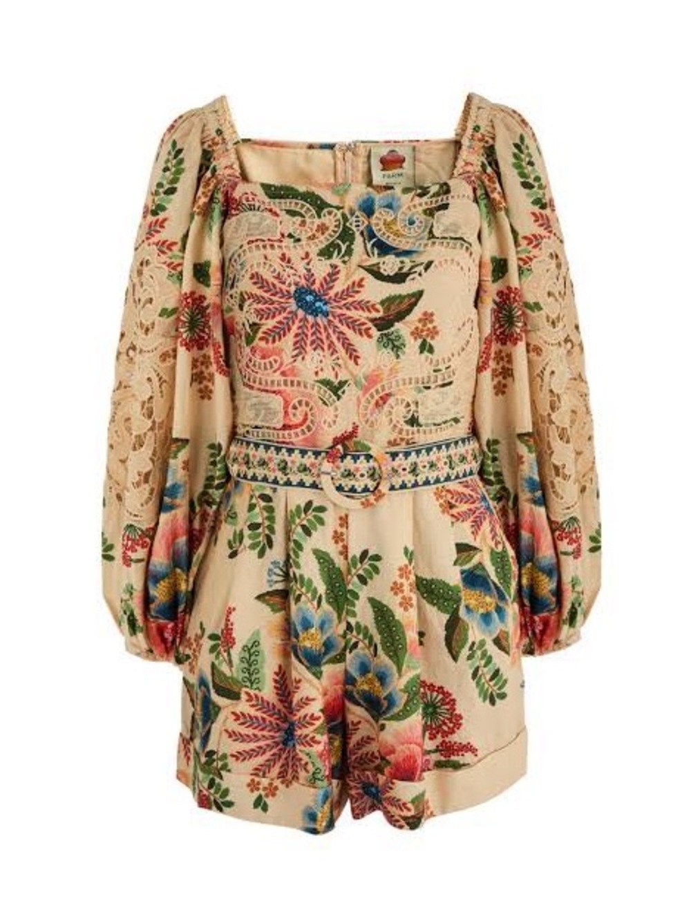 FARM Rio Beige Floral Lace-Sleeve Belted Romper MISSING BELT